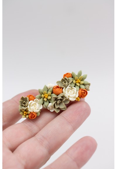 Orange, Green, and Beige Succulent Hair Pin