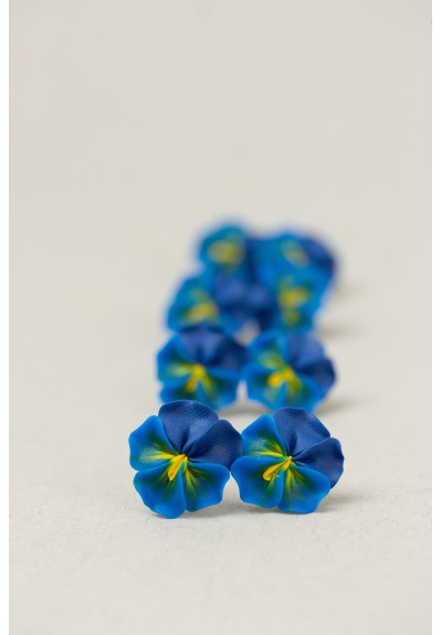 Handmade Blue Pansy Clip-On Earrings for Sensitive Ears | Polymer Clay Flower Jewelry