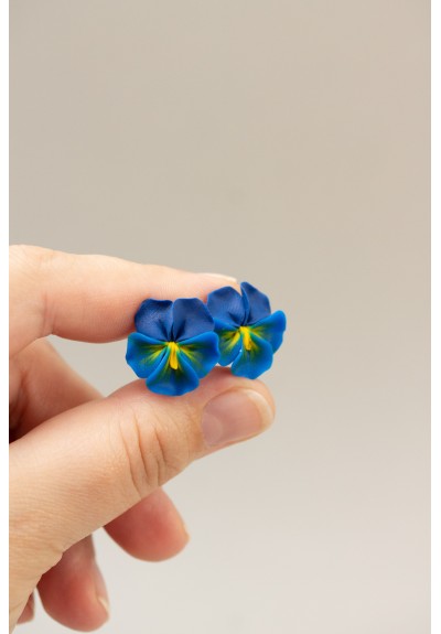 Handmade Blue Pansy Clip-On Earrings for Sensitive Ears | Polymer Clay Flower Jewelry