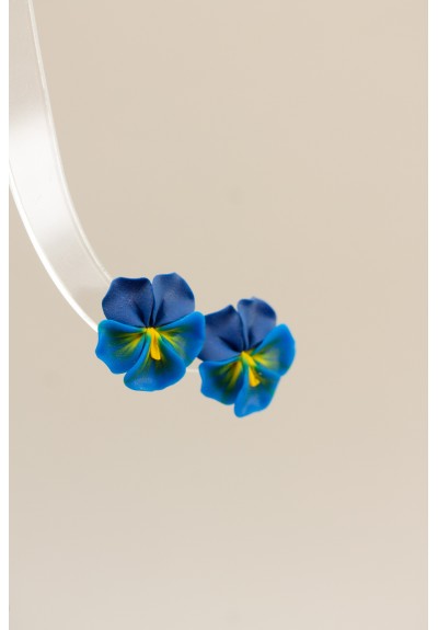 Handmade Blue Pansy Clip-On Earrings for Sensitive Ears | Polymer Clay Flower Jewelry