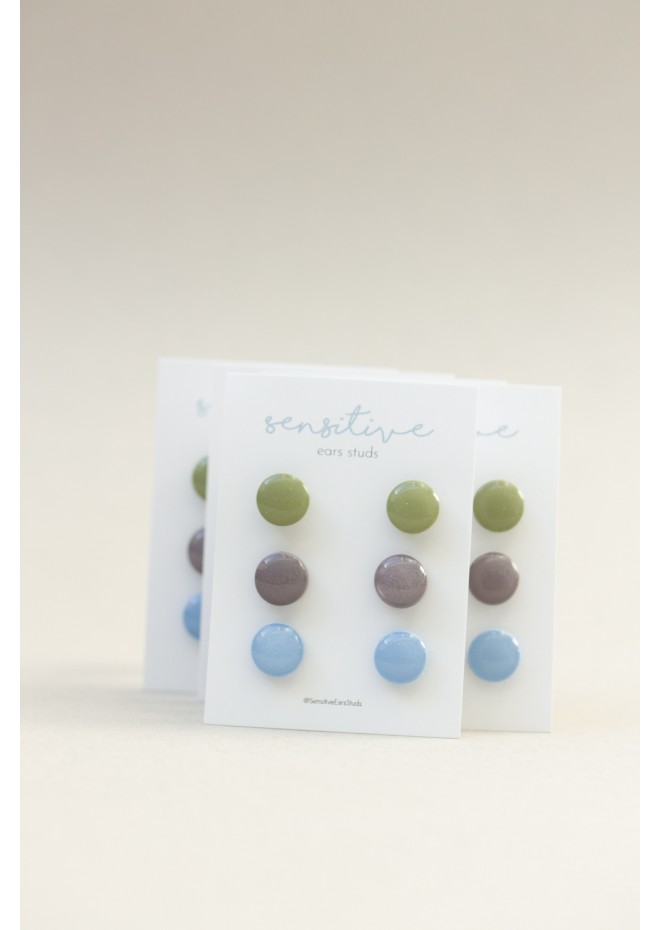 Set of 3 Pairs of Hypoallergenic Dot Stud Earrings - Pastel Green, Blue, Dark Purple