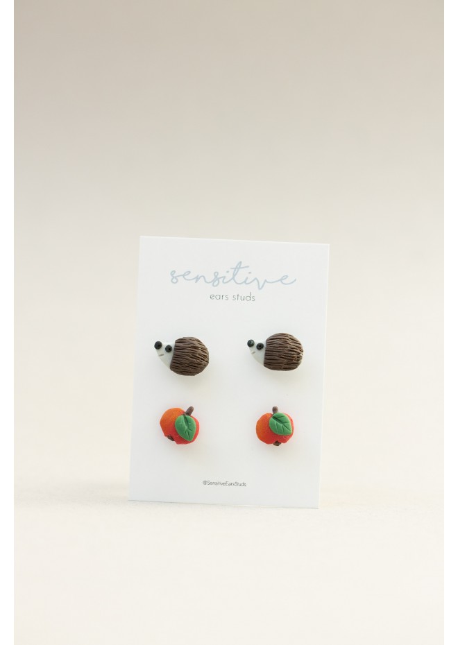 Hedgehog & Apple Stud Earrings – Hypoallergenic Polymer Clay Jewelry for Sensitive Ears