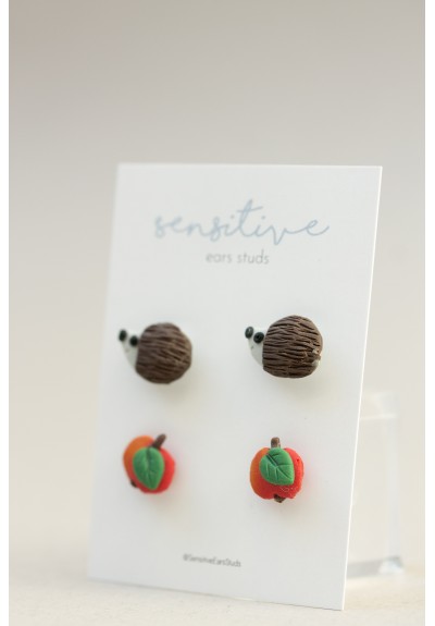 Hedgehog & Apple Stud Earrings Set – Hypoallergenic Polymer Clay Jewelry for Sensitive Ears