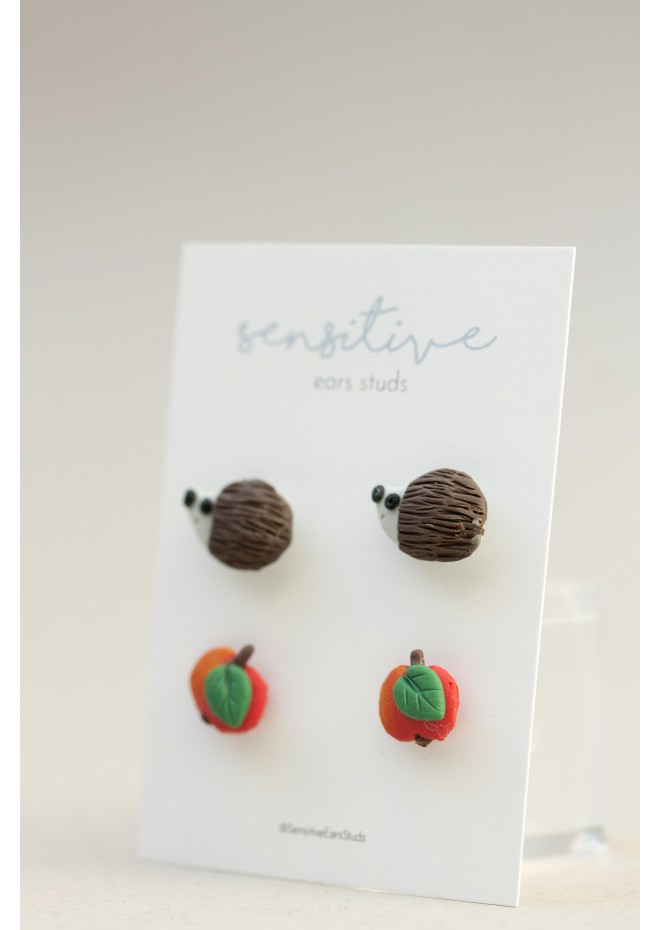 Hedgehog & Apple Stud Earrings – Hypoallergenic Polymer Clay Jewelry for Sensitive Ears