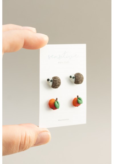 Hedgehog & Apple Stud Earrings Set – Hypoallergenic Polymer Clay Jewelry for Sensitive Ears