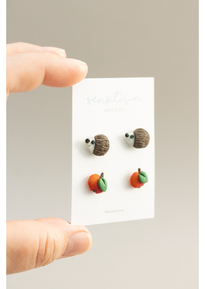 Hedgehog & Apple Stud Earrings – Hypoallergenic Polymer Clay Jewelry for Sensitive Ears