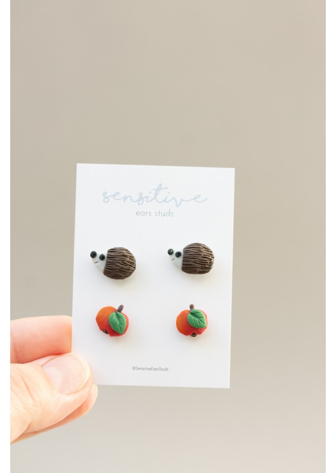 Hedgehog & Apple Stud Earrings – Hypoallergenic Polymer Clay Jewelry for Sensitive Ears