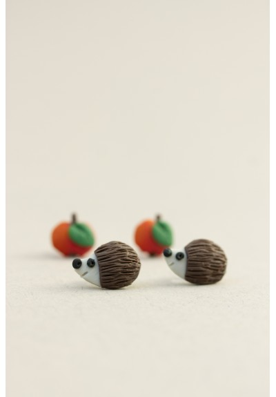 Hedgehog & Apple Stud Earrings Set – Hypoallergenic Polymer Clay Jewelry for Sensitive Ears