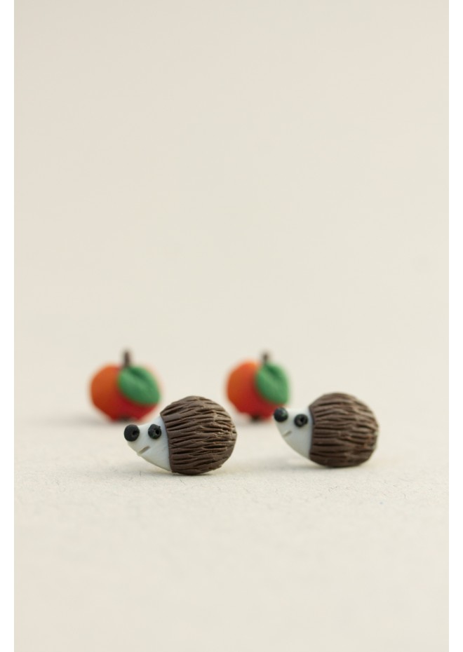 Hedgehog & Apple Stud Earrings – Hypoallergenic Polymer Clay Jewelry for Sensitive Ears