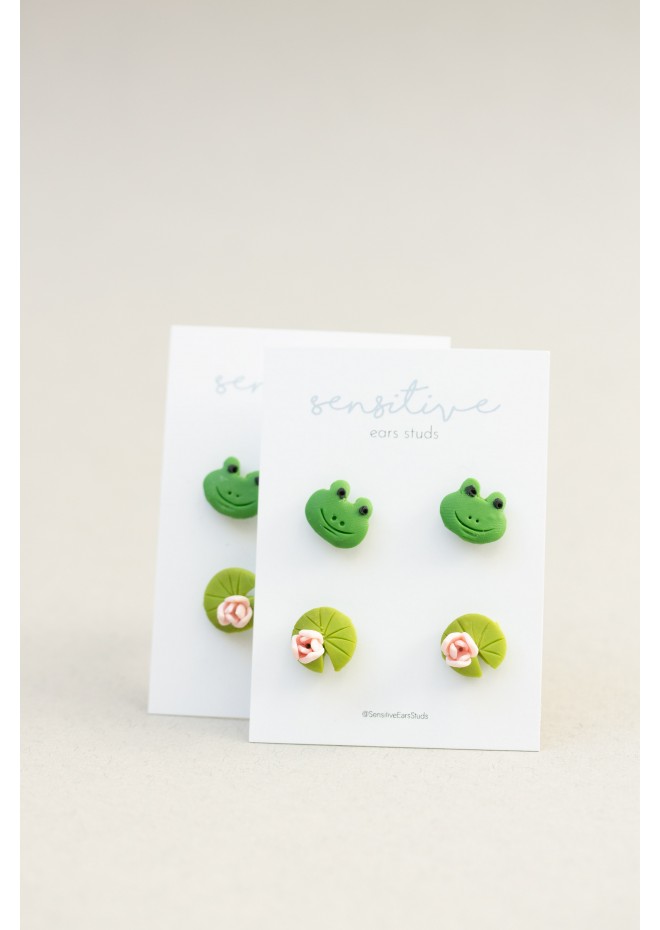 Frog & Water Lily Stud Earrings Set – Charming, Hypoallergenic Jewelry for Sensitive Ears