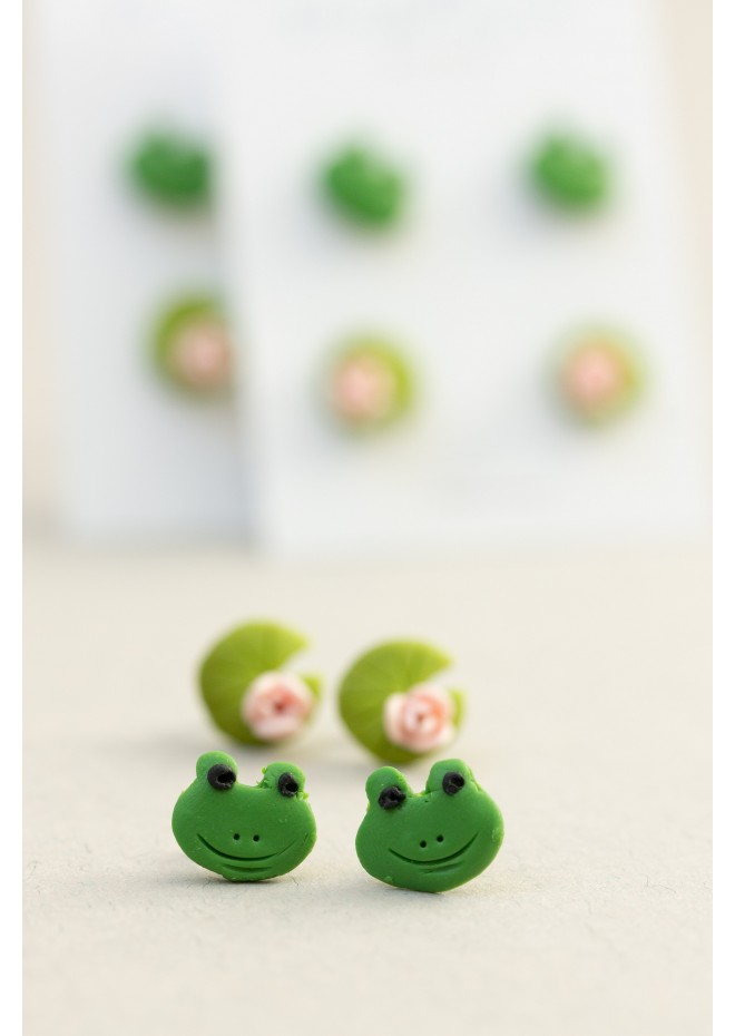 Frog & Water Lily Stud Earrings Set – Charming, Hypoallergenic Jewelry for Sensitive Ears