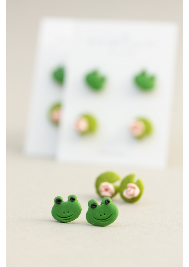 Frog & Water Lily Stud Earrings Set – Charming, Hypoallergenic Jewelry for Sensitive Ears