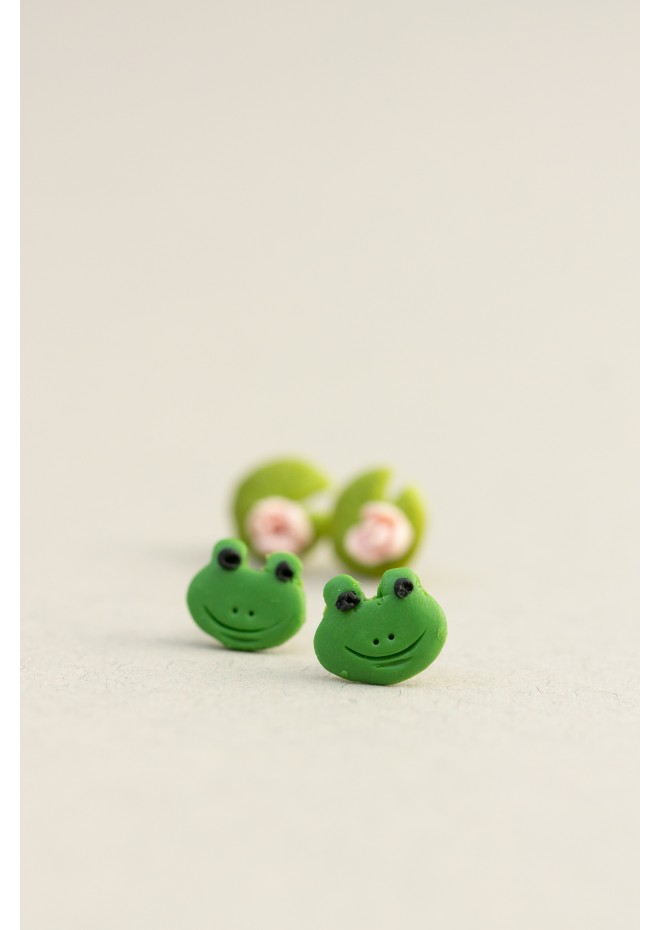 Frog & Water Lily Stud Earrings Set – Charming, Hypoallergenic Jewelry for Sensitive Ears