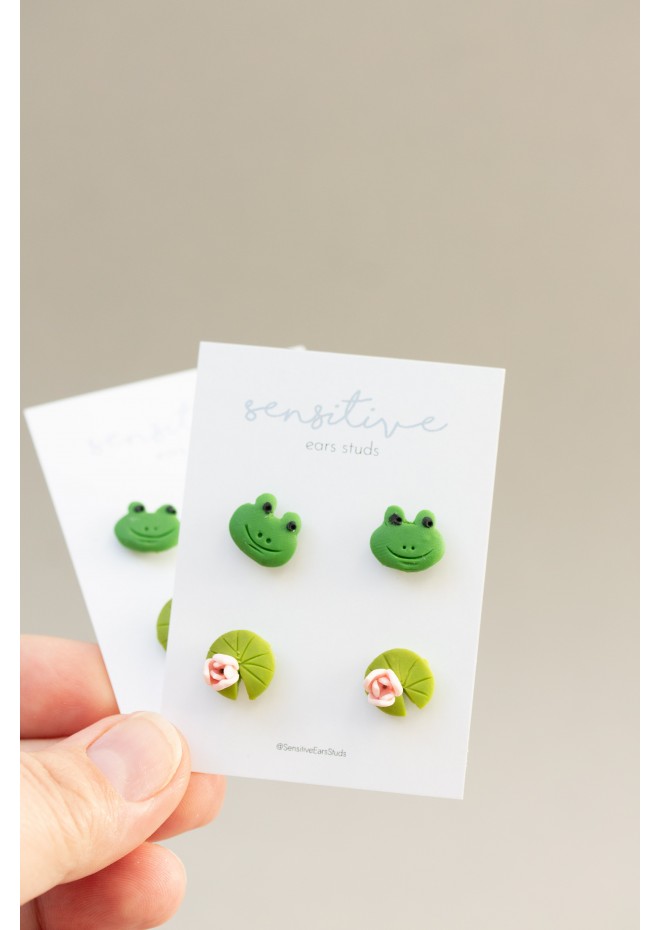 Frog & Water Lily Stud Earrings Set – Charming, Hypoallergenic Jewelry for Sensitive Ears