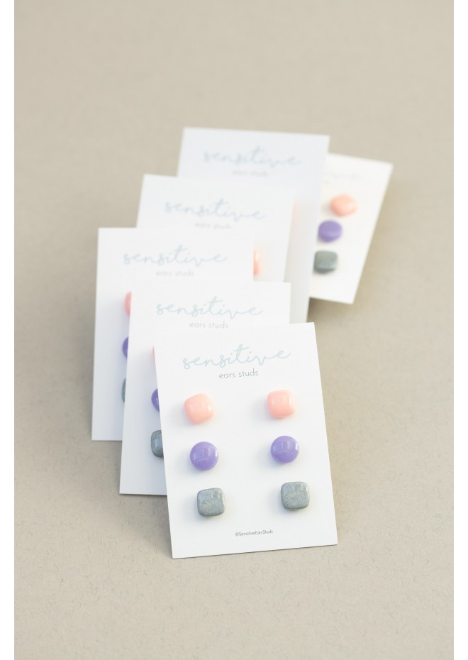 Set of 3 Pairs of Minimalist Dot Stud Earrings for Sensitive Ears - Pastel Pink, Purple, Silver | EtenIren