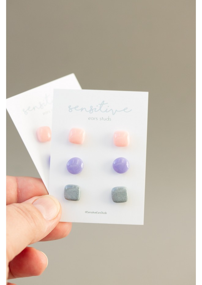 Set of 3 Pairs of Minimalist Dot Stud Earrings for Sensitive Ears - Pastel Pink, Purple, Silver | EtenIren