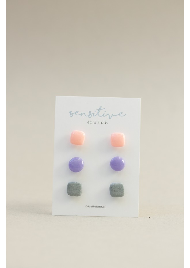 Set of 3 Pairs of Minimalist Dot Stud Earrings for Sensitive Ears - Pastel Pink, Purple, Silver | EtenIren