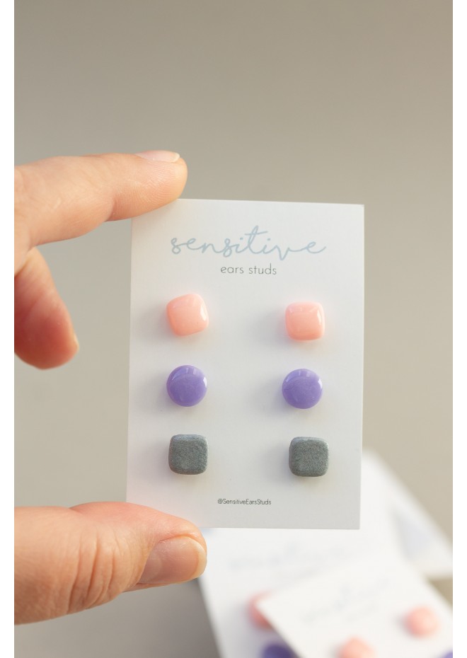 Set of 3 Pairs of Minimalist Dot Stud Earrings for Sensitive Ears - Pastel Pink, Purple, Silver | EtenIren