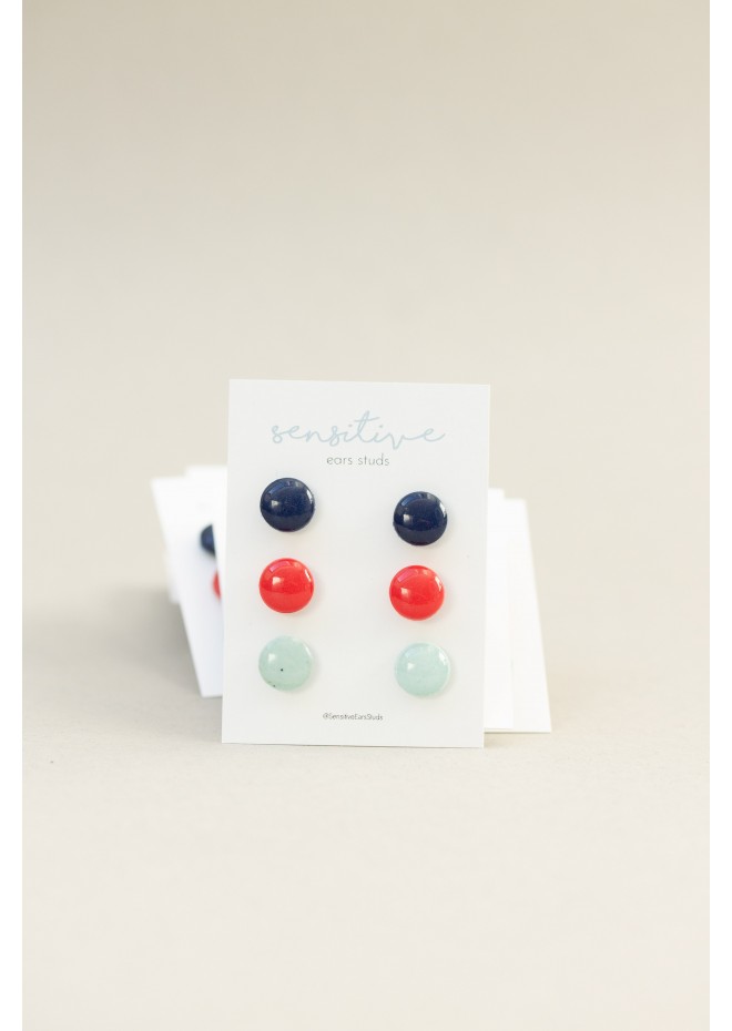 Set of 3 Pairs of Hypoallergenic Dot Stud Earrings - Dark Blue, Red, Light Blue  