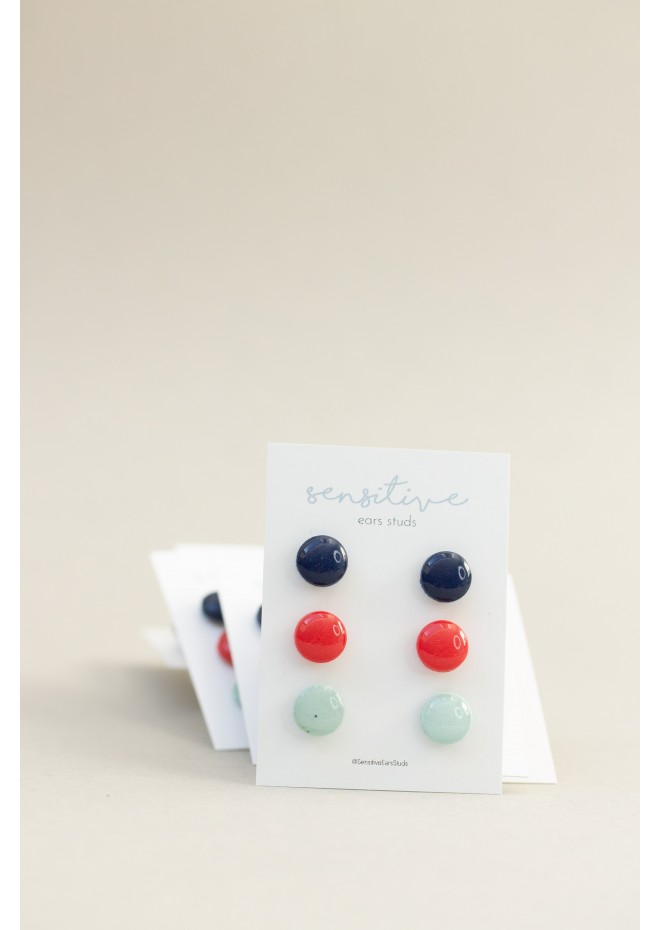 Set of 3 Pairs of Hypoallergenic Dot Stud Earrings - Dark Blue, Red, Light Blue  