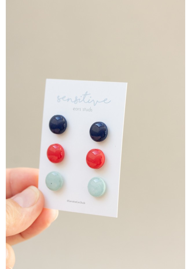 Set of 3 Pairs of Hypoallergenic Dot Stud Earrings - Dark Blue, Red, Light Blue  