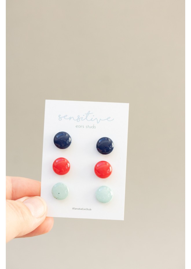 Set of 3 Pairs of Hypoallergenic Dot Stud Earrings - Dark Blue, Red, Light Blue  