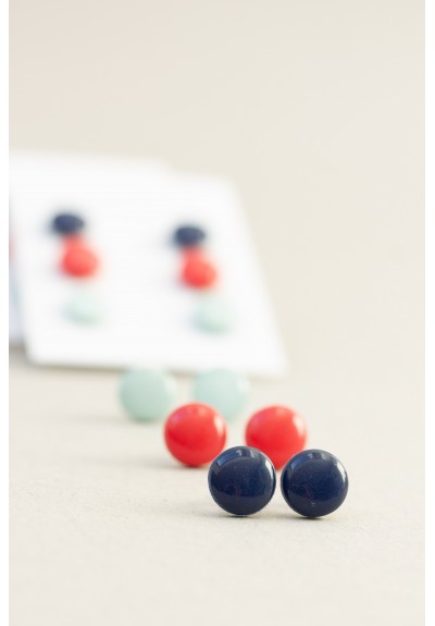 Set of 3 Pairs of Hypoallergenic Dot Stud Earrings for Sensitive Ears, Dark Blue, Red, Light Blue, Minimalist, Polymer Clay, Gift Box