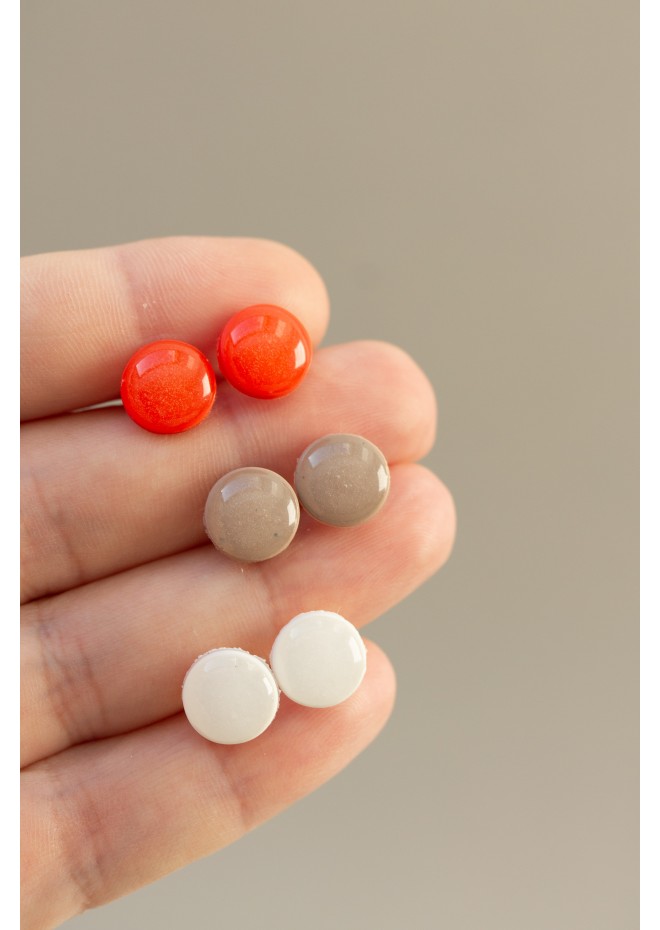 Set of 3 Pairs of Hypoallergenic Dot Stud Earrings - Orange, Coffee, Ivory