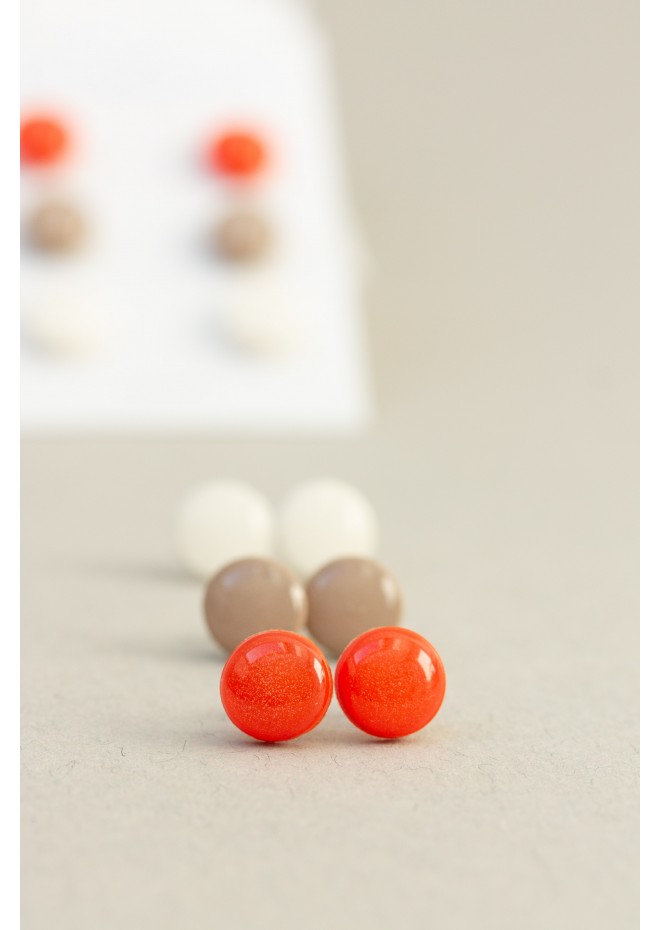 Set of 3 Pairs of Hypoallergenic Dot Stud Earrings - Orange, Coffee, Ivory