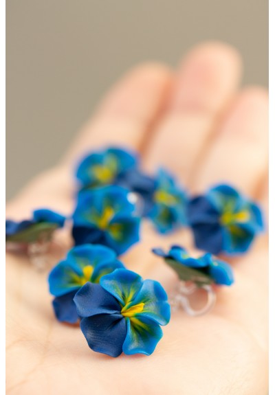 Handmade Blue Pansy Clip-On Earrings for Sensitive Ears | Polymer Clay Flower Jewelry