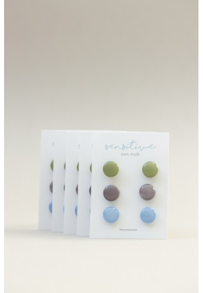 Set of 3 Pairs of Hypoallergenic Dot Stud Earrings for Sensitive Ears, Pastel Green, Blue & Dark Purple, Lightweight, Polymer Clay, Gift Box