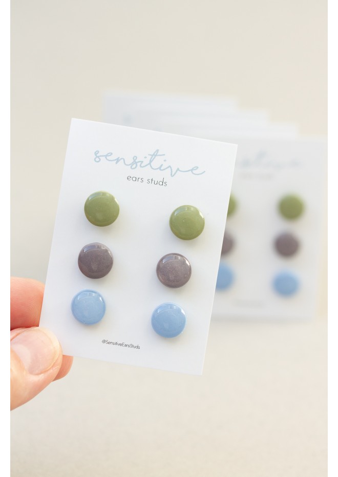 Set of 3 Pairs of Hypoallergenic Dot Stud Earrings - Pastel Green, Blue, Dark Purple