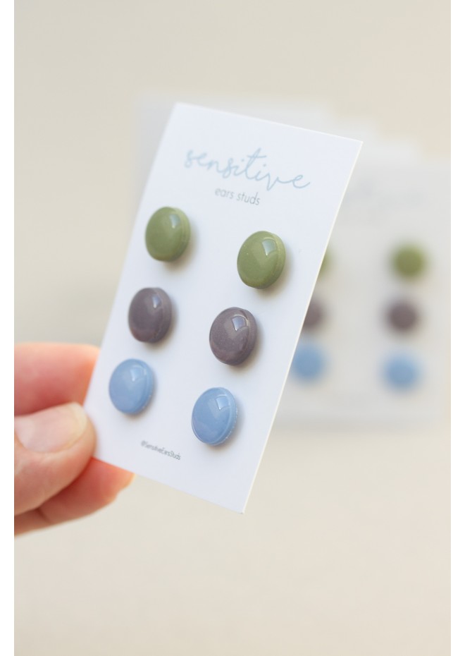 Set of 3 Pairs of Hypoallergenic Dot Stud Earrings - Pastel Green, Blue, Dark Purple