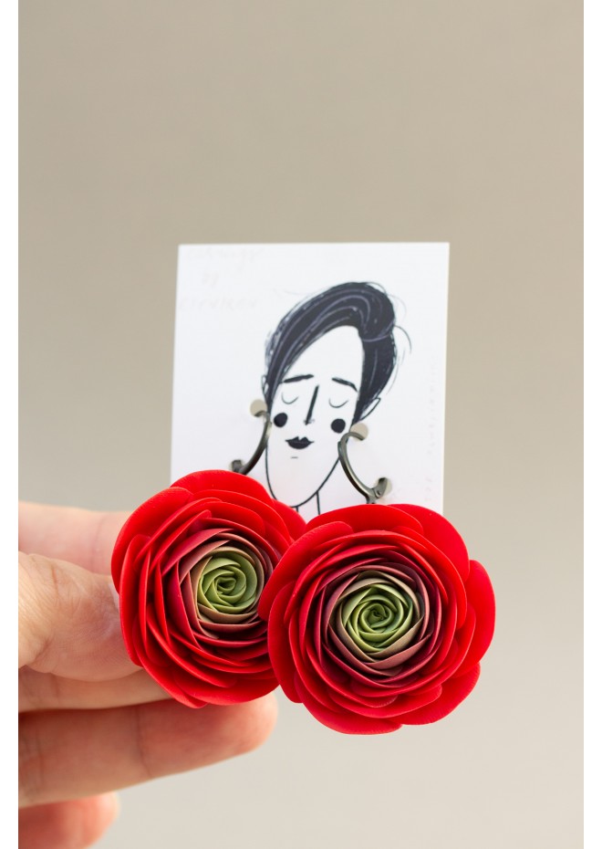 Handmade Red Ranunculus Earrings – Bold Floral Jewelry