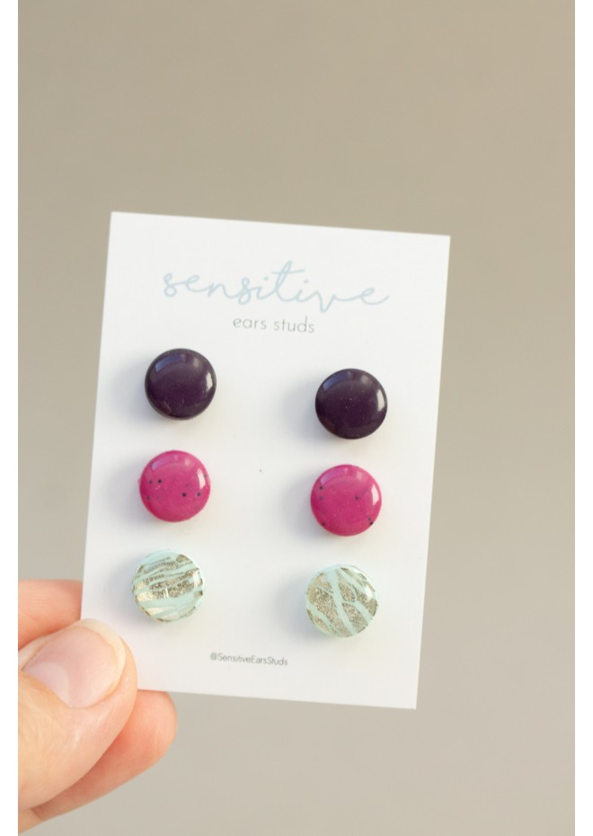 Set of 3 Pairs of Hypoallergenic Dot Stud Earrings - Dark Purple, Violet, Light Blue