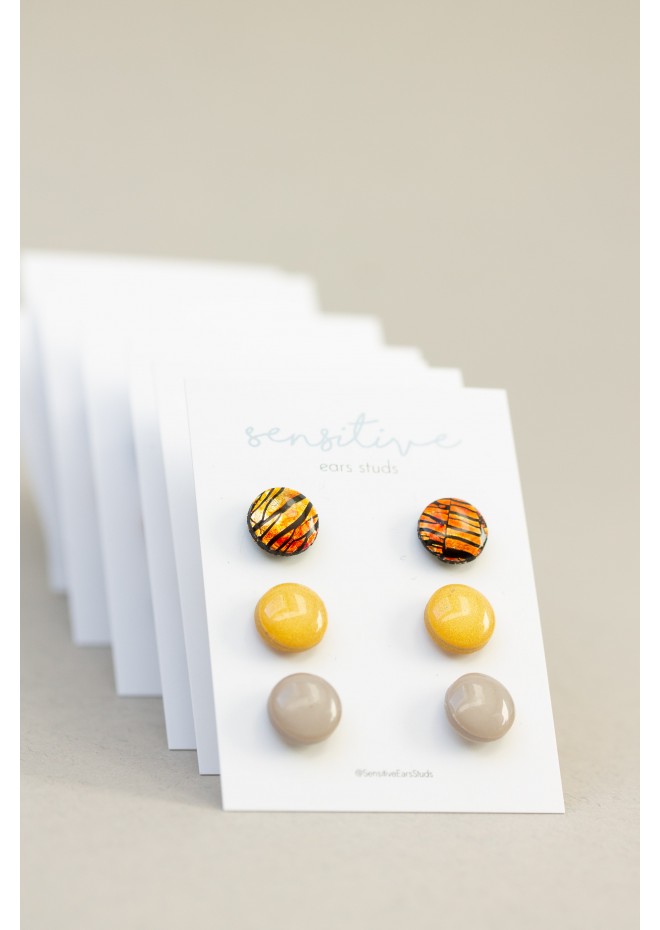 Set of 3 Pairs of Hypoallergenic Dot Stud Earrings - Black, Gold, Coffee