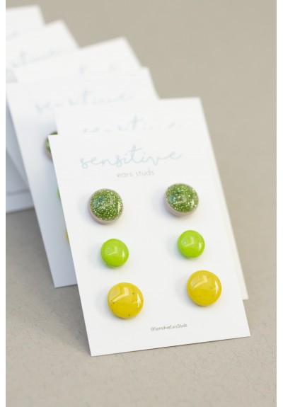 Set of 3 Pairs of Hypoallergenic Dot Earrings for Sensitive Ears, Glitter Green, Lime, Yellow, Minimalist, Polymer Clay, Gift Box