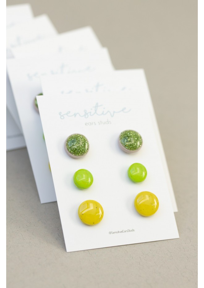 Set of 3 Pairs of Hypoallergenic Dot Stud Earrings - Green, Lime, Yellow