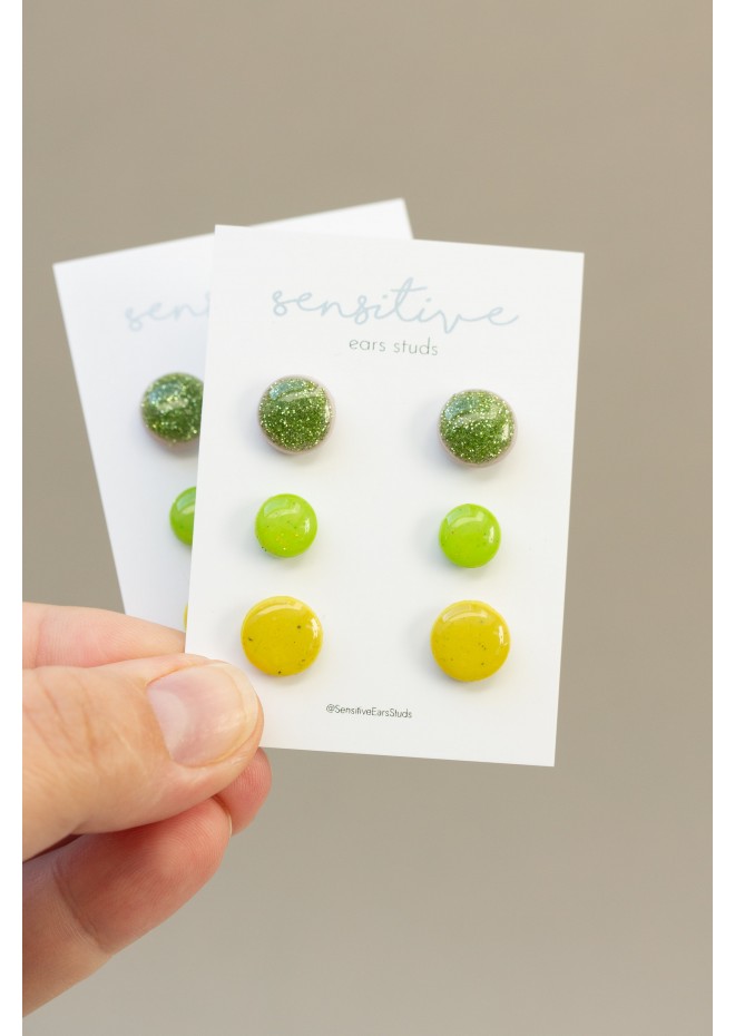 Set of 3 Pairs of Hypoallergenic Dot Stud Earrings - Green, Lime, Yellow