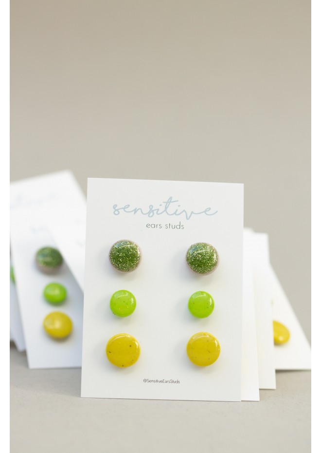 Set of 3 Pairs of Hypoallergenic Dot Stud Earrings - Green, Lime, Yellow