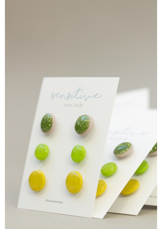 Set of 3 Pairs of Hypoallergenic Dot Stud Earrings - Green, Lime, Yellow