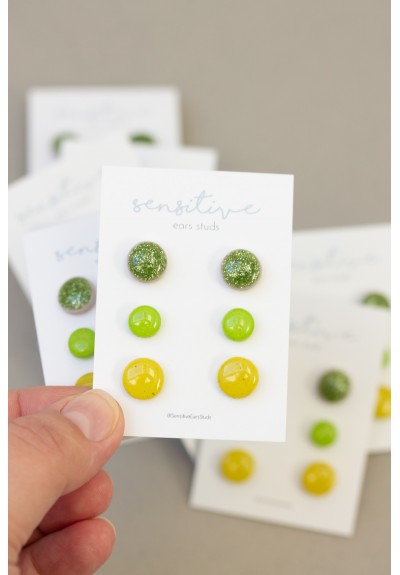 Set of 3 Pairs of Hypoallergenic Dot Earrings for Sensitive Ears, Glitter Green, Lime, Yellow, Minimalist, Polymer Clay, Gift Box