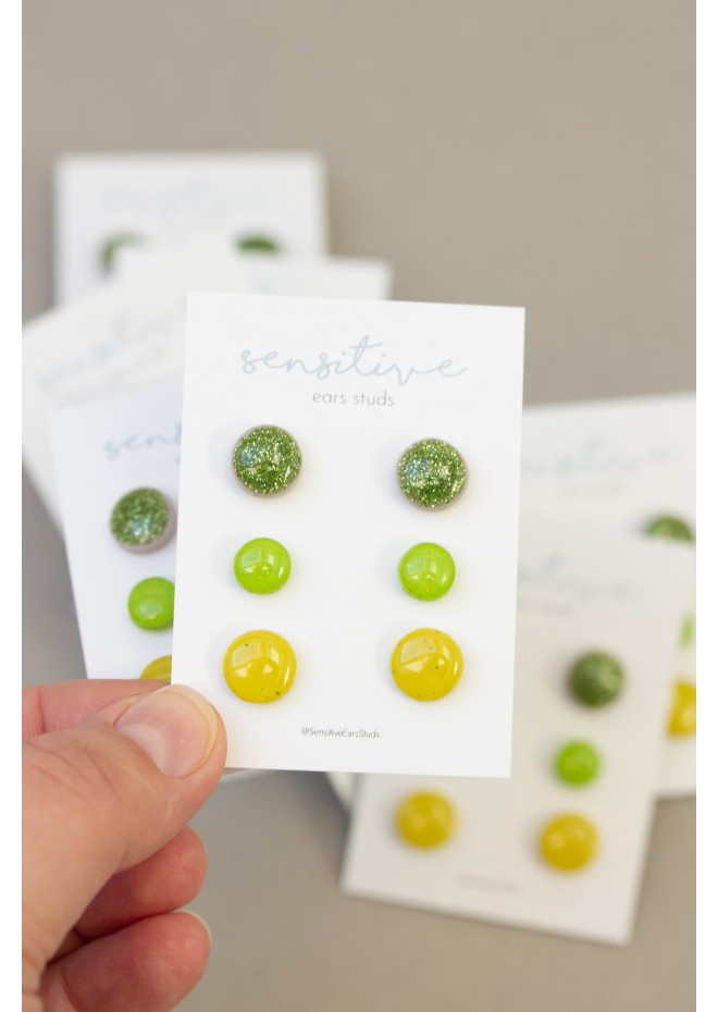 Set of 3 Pairs of Hypoallergenic Dot Stud Earrings - Green, Lime, Yellow