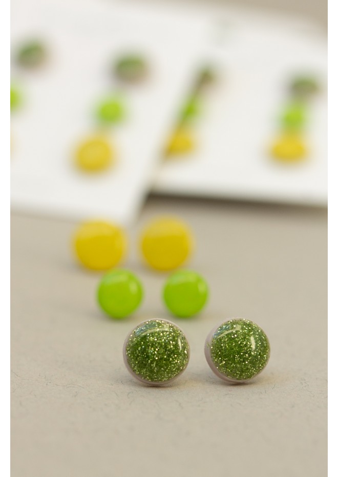 Set of 3 Pairs of Hypoallergenic Dot Stud Earrings - Green, Lime, Yellow