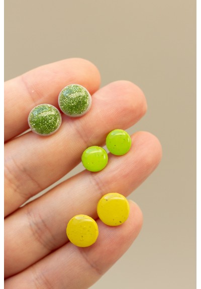 Set of 3 Pairs of Hypoallergenic Dot Earrings for Sensitive Ears, Glitter Green, Lime, Yellow, Minimalist, Polymer Clay, Gift Box