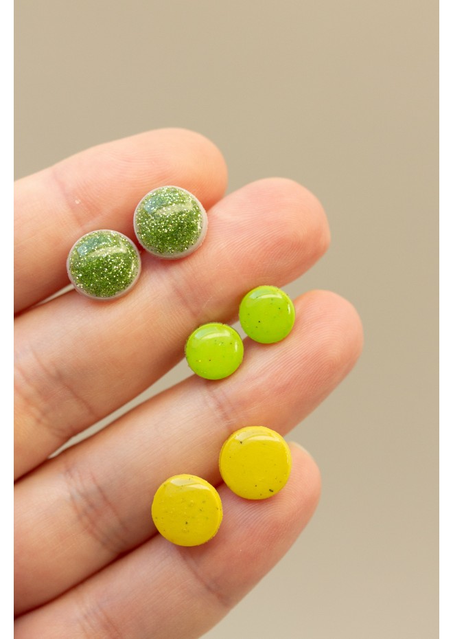 Set of 3 Pairs of Hypoallergenic Dot Stud Earrings - Green, Lime, Yellow