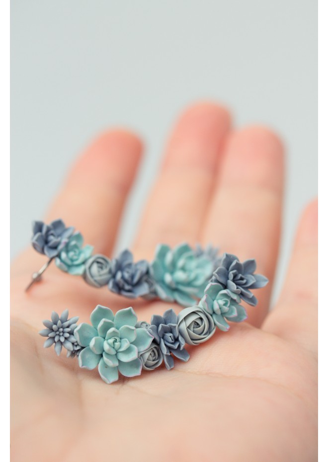 Handmade Blue Succulent Ear Cuff Earrings – Unique Polymer Clay Jewelry for Women