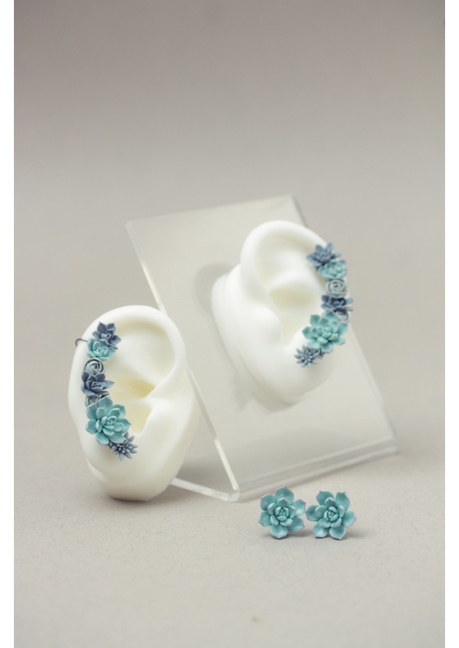 Handmade Blue Succulent Ear Cuff Earrings – Unique Polymer Clay Jewelry for Women