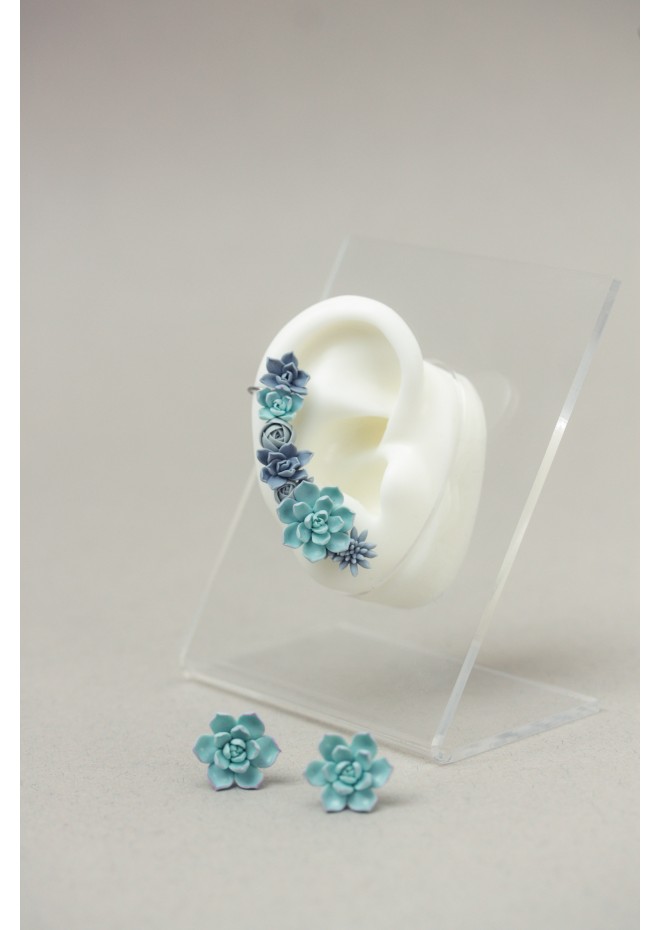 Handmade Blue Succulent Ear Cuff Earrings – Unique Polymer Clay Jewelry for Women