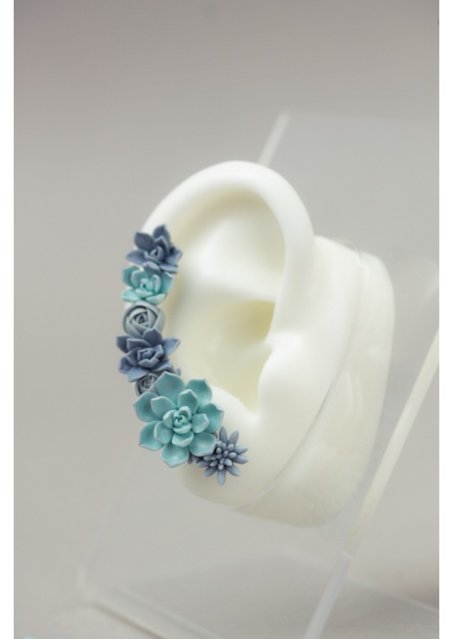 Handmade Blue Succulent Ear Cuff Earrings – Unique Polymer Clay Jewelry for Women